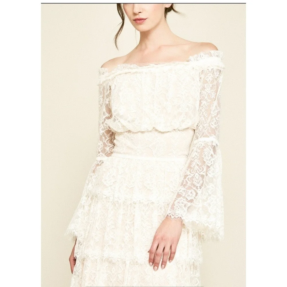 Tadashi Shoji Women Jacquin Off Shoulder Lace Tiered Bell Sleeve Dress Sz 12 NWT